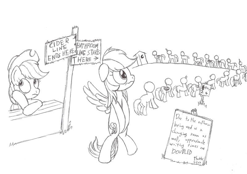 Size: 1700x1200 | Tagged: alcohol, applejack, artist:datspaniard, bathroom line, cider, covering crotch, derpibooru import, desperation, eyeroll, food, hooves between legs, it has been doubled!, knees pressed together, line, monochrome, need to pee, oh crap face, omorashi, outhouse, potty dance, potty emergency, potty time, princess luna, rainbow dash, safe, squirming, story in the source, this will end in diapers, traditional art, trotting, trotting in place