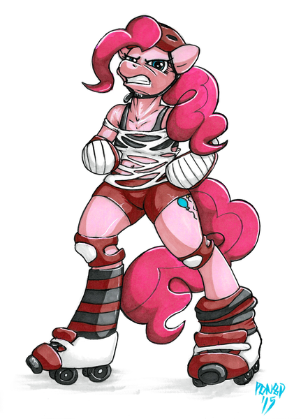 Size: 2369x3300 | Tagged: anthro, arm hooves, artist:pon8d, derpibooru import, knee pads, marker drawing, pinkie pie, prismacolors, ripped shirt, roller derby, roller skates, safe, shoulder pads, solo, traditional art, unguligrade anthro