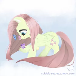 Size: 1024x1024 | Tagged: safe, artist:skittlz1212, derpibooru import, fluttershy, butterfly, pegasus, pony, folded wings, insect on nose, looking at something, looking down, profile, raised hoof, solo