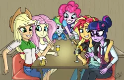 Size: 1100x712 | Tagged: safe, artist:shimazun, derpibooru import, applejack, fluttershy, pinkie pie, rainbow dash, rarity, sci-twi, sunset shimmer, twilight sparkle, equestria girls, alcohol, cider, clothes, cowboy hat, crystal prep academy, crystal prep academy uniform, denim skirt, female, food, glasses, grin, hair bun, hairpin, hat, humane five, humane seven, humane six, jacket, leather jacket, necktie, school uniform, shirt, skirt, smiling, stetson, table, tanktop