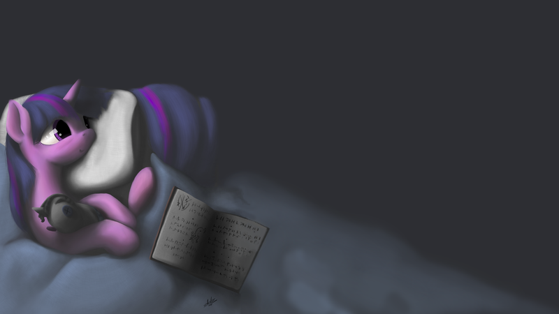 Size: 1920x1080 | Tagged: artist:zlack3r, bed, book, derpibooru import, safe, smarty pants, solo, twilight sparkle, wallpaper