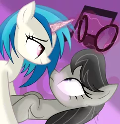 Size: 2903x3000 | Tagged: suggestive, artist:go0re, derpibooru import, octavia melody, vinyl scratch, earth pony, pony, unicorn, bedroom eyes, blushing, female, glasses, heart eyes, lesbian, looking at each other, magic, music notes, on back, scratchtavia, shipping, sunglasses, wide eyes, wingding eyes