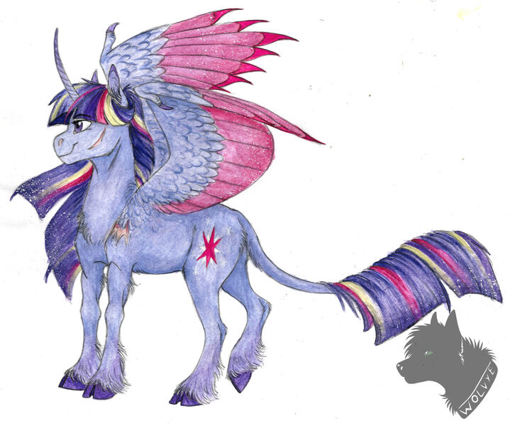 Size: 3947x3293 | Tagged: safe, artist:biakela, derpibooru import, twilight sparkle, twilight sparkle (alicorn), alicorn, classical unicorn, pony, chest fluff, colored, female, leonine tail, mare, rainbow power, scar, solo, unshorn fetlocks