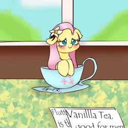 Size: 1000x1000 | Tagged: safe, artist:freakdreams, derpibooru import, fluttershy, pony, cup, cup of pony, food, heart eyes, micro, solo, tea, tiny, wingding eyes