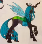 Size: 1024x1085 | Tagged: safe, artist:ninetailedfoxfox, derpibooru import, queen chrysalis, changeling, deviantart watermark, fangs, female, raised hoof, solo, traditional art, watermark