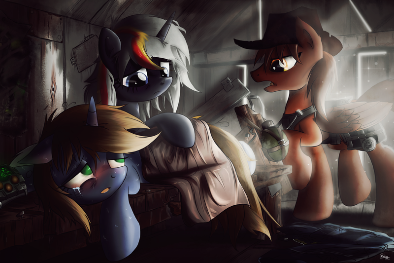 Size: 3000x2000 | Tagged: safe, artist:ruhisu, derpibooru import, oc, oc:calamity, oc:littlepip, oc:velvet remedy, unofficial characters only, pegasus, pony, unicorn, fallout equestria, fanfic, 2015, bed, blanket, commission, fanfic art, female, fever, hat, lying down, male, mare, open mouth, pipbuck, prone, raised hoof, shed, sick, signature, stallion