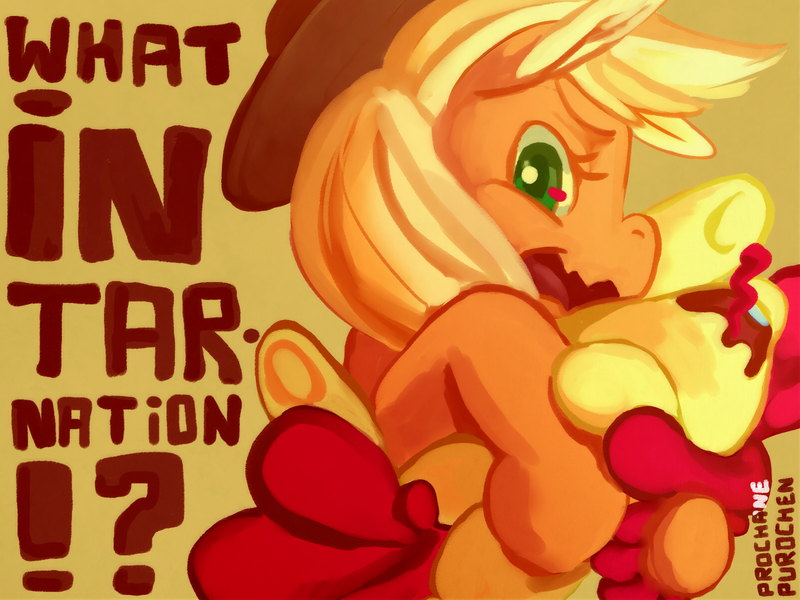 Size: 1600x1200 | Tagged: safe, artist:purochen, derpibooru import, apple bloom, applejack, earth pony, pony, tongue out, wavy mouth, what in tarnation