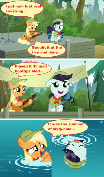 Size: 1280x2178 | Tagged: applejack, bryan adams, camp, caption, coloratura, derpibooru import, edit, edited screencap, filly, guitar, implied 69, implied lesbian, music, rara, screencap, screencap comic, stage, suggestive, swimming, the mane attraction