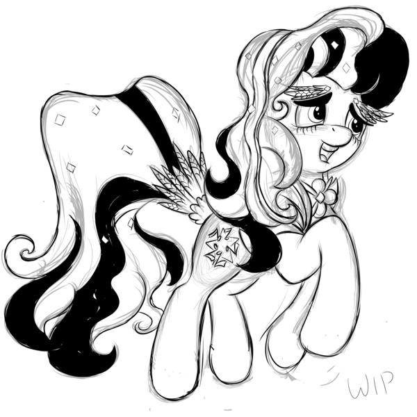 Size: 1800x1800 | Tagged: artist:snowyrainworld, coloratura, countess coloratura, derpibooru import, monochrome, rara, safe, sketch, solo, the mane attraction, wip