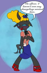 Size: 600x927 | Tagged: safe, artist:bunnimation, derpibooru import, changeling, pony, bipedal, bugs bunny, clothes, crossdressing, high heels, lipstick, purse, rabbit seasoning, seems legit, shoes, skirt, wig