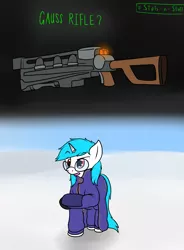 Size: 1425x1935 | Tagged: safe, artist:the-furry-railfan, derpibooru import, oc, oc:minty candy, unofficial characters only, cyborg, pony, unicorn, fallout equestria: occupational hazards, annoyed, clothes, fallout 4, field, gauss rifle, glasses, jacket, snow