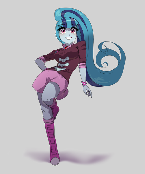 Size: 1795x2146 | Tagged: safe, artist:rileyav, derpibooru import, sonata dusk, equestria girls, boots, breasts, clothes, cute, female, ponytail, pose, simple background, skirt, socks, solo, sonatabetes, strut