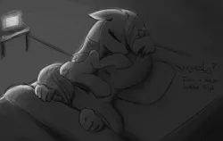 Size: 1900x1200 | Tagged: artist needed, safe, derpibooru import, twilight sparkle, twilight sparkle (alicorn), oc, oc:anon, alicorn, pony, :o, bed, blanket, computer, cuddling, cute, dialogue, eyes closed, facehug, female, floppy ears, hug, mare, monochrome, open mouth, pillow, side, sleeping, snuggling, table, twiabetes