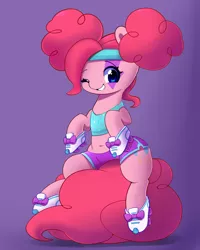 Size: 1000x1250 | Tagged: artist:joyfulinsanity, belly button, clothes, costume, derpibooru import, grin, midriff, nightmare night costume, pinkie pie, pinkie puffs, roller skates, safe, scare master, shorts, solo, wink