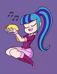 Size: 1088x1400 | Tagged: safe, artist:khuzang, derpibooru import, sonata dusk, human, equestria girls, clothes, cute, eyes closed, food, humanized, music notes, open mouth, purple background, simple background, singing, sitting, skirt, solo, sonatabetes, sonataco, taco