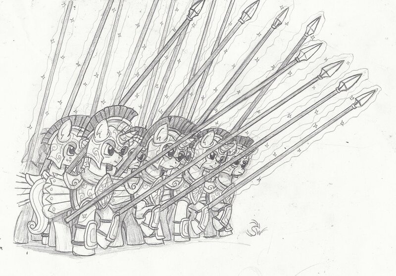 Size: 1024x714 | Tagged: safe, artist:sensko, derpibooru import, pony, unicorn, armor, army, black and white, grayscale, macedonia, monochrome, pencil drawing, phalanx, phalanx formation, pike, traditional art, war, weapon