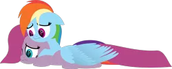 Size: 3542x1435 | Tagged: safe, artist:zacatron94, derpibooru import, pinkie pie, rainbow dash, comforting, female, lesbian, pinkamena diane pie, pinkiedash, sad, shipping, simple background, transparent background