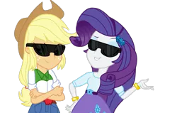 Size: 1069x679 | Tagged: safe, artist:noahther, derpibooru import, applejack, rarity, equestria girls, deal with it, eyes closed, female, glasses, lesbian, rarijack, shipping, sunglasses, swag