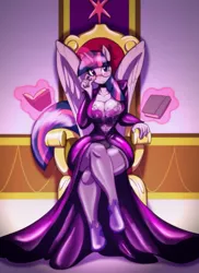 Size: 931x1280 | Tagged: anthro, artist:toughset, blushing, book, breasts, busty twilight sparkle, cleavage, clothes, dead source, derpibooru import, dress, female, glasses, gown, magic, solo, suggestive, telekinesis, throne, twilight sparkle, twilight sparkle (alicorn), wide hips