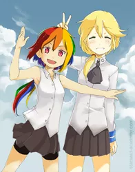 Size: 540x690 | Tagged: annabel jean smith, applejack, armpits, artist:derpiihooves, clothes, derpibooru import, human, humanized, rainbow dash, robin douglas, safe, schoolgirl, school uniform, starswirl academy, starswirl academy uniform