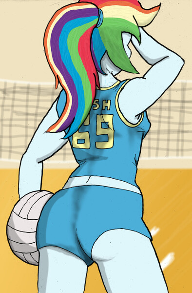 Size: 2157x3284 | Tagged: suggestive, artist:bigmacintosh2000, derpibooru import, rainbow dash, equestria girls, armpits, ass, athlete, ball, breasts, clothes, female, ponytail, rainbutt dash, shirt, shorts, sideboob, solo, solo female, sports, sweat, sweat stain, volleyball