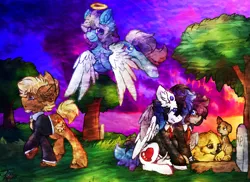 Size: 3168x2304 | Tagged: safe, artist:iroxykun, derpibooru import, oc, oc:frozen soul, oc:harvest moon, oc:sweater weather, oc:wishful thinking, unofficial characters only, dog, earth pony, pegasus, pony, angel, clothes, comforting, crying, cutie mark, family, feels, female, halo, male, mare, mother, rest in peace, sad, stallion, sunset, tree, tuxedo, wings