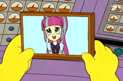 Size: 500x330 | Tagged: safe, artist:artattax, derpibooru import, sour sweet, equestria girls, friendship games, angry, animated, blushing, frown, glare, gritted teeth, hologram, open mouth, smiling, sour rage, sourdere, the simpsons, tsundere, wide eyes