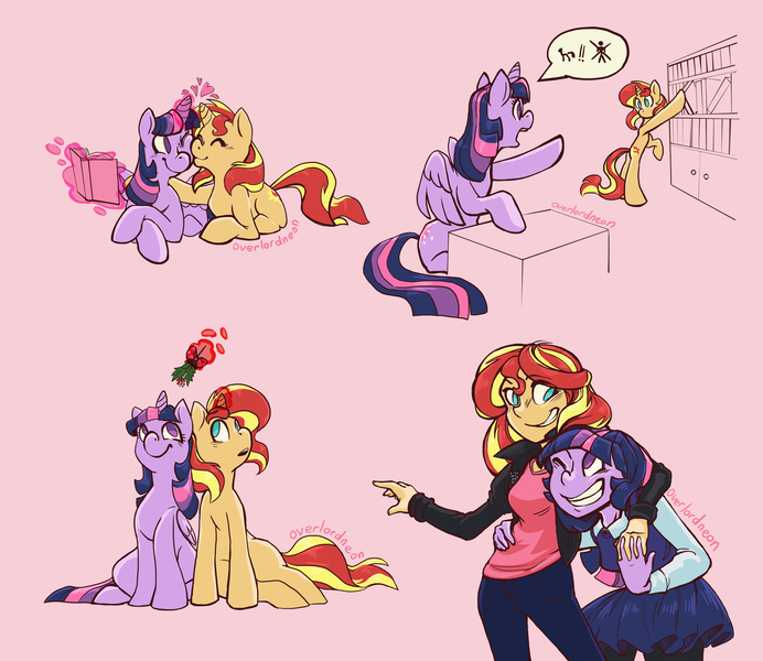 Size: 4500x3900 | Tagged: safe, artist:overlordneon, derpibooru import, sunset shimmer, twilight sparkle, twilight sparkle (alicorn), alicorn, pony, unicorn, equestria girls, absurd resolution, bipedal, bipedal leaning, book, cute, female, grin, holly, holly mistaken for mistletoe, horses doing human things, hug, in the human world for too long, leaning, lesbian, magic, prone, shimmerbetes, shipping, smiling, snuggling, sunsetsparkle, telekinesis, twiabetes