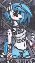 Size: 622x1098 | Tagged: anthro, artist:fiji-firefox, belly button, derpibooru import, digital outline, markers, rave, safe, solo, sunglasses, traditional art, vinyl scratch