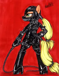 Size: 3326x4282 | Tagged: suggestive, artist:dantethehuman, derpibooru import, applejack, pony, bipedal, female, gimp suit, high heels, latex, leather, plot, rubber, solo, solo female, whip, zipper, zippermouth