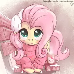 Size: 2700x2700 | Tagged: safe, artist:bugplayer, derpibooru import, fluttershy, pegasus, pony, bench, bugplayer is trying to murder us, clothes, cute, cyan eyes, daaaaaaaaaaaw, digital art, earmuffs, female, hair accessory, hair tie, heart eyes, hello kitty, looking at you, lying, mare, mug, park bench, pink, pink hair, pink mane, pink sweater, pink tail, pom pom (clothes), ponytail, sanrio, shyabetes, signature, snow, snowfall, solo, sweater, sweatershy, weapons-grade cute, wingding eyes, winter, yellow coat
