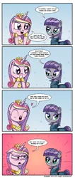 Size: 1000x2359 | Tagged: angry, artist:daniel-sg, blushing, burn, clothes, comic, crown, deadpan snarker, derpibooru import, eyes closed, eyeshadow, female, heart, imminent beatdown, implied weight gain, jewelry, looking at each other, makeup, mare, maud burns, maud pie, open mouth, pregnant, princess cadance, regalia, rekt, safe, smiling, speech bubble, this will end in death, this will end in pain, unamused, when she smiles