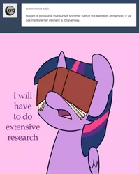 Size: 1120x1409 | Tagged: safe, artist:estrill, derpibooru import, twilight sparkle, twilight sparkle (alicorn), alicorn, pony, askbookobsessedtwilight, book, facebook, facebooking, female, friendship, mare, open mouth, solo, that pony sure does love books