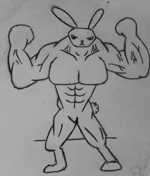 Size: 1611x1895 | Tagged: safe, artist:aer0 zer0, derpibooru import, angel bunny, rabbit, animal, buff, grayscale, joke, lol, monochrome, muscles, overdeveloped muscles, sketch, solo, traditional art