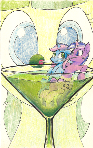 Size: 1701x2691 | Tagged: safe, artist:tsitra360, derpibooru import, oc, oc:gyro tech, oc:lemon drop, oc:tinisparkler, unofficial characters only, pony, unicorn, alcohol, cup of pony, female, food, male, martini, micro, olive, shipping, sparklo, straight, traditional art