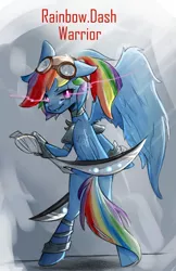 Size: 516x797 | Tagged: safe, artist:dear-cotton-candy, derpibooru import, rainbow dash, pegasus, pony, bipedal, character class, clothes, female, goggles, mare, solo, sword, text, weapon