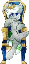 Size: 2034x4487 | Tagged: safe, artist:iroxykun, derpibooru import, oc, unnamed oc, unofficial characters only, pony, unicorn, chair, crown, horn, male, smug, throne, throne slouch