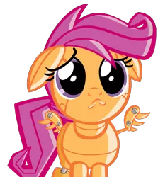 Size: 820x920 | Tagged: artist:fillerartist, derpibooru import, edit, floppy ears, puppy dog eyes, robot, sad, safe, scootabot, scootaloo, simple background, solo, transparent background, vector, vector edit