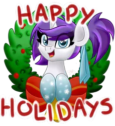 Size: 1500x1635 | Tagged: artist:partylikeanartist, bell, bow, christmas, cute, derpibooru import, gradient hooves, happy holidays, holly, merry christmas, oc, oc:indigo wire, ponytail, ribbon, safe, simple background, solo, transparent background, unofficial characters only, wreath, ych result