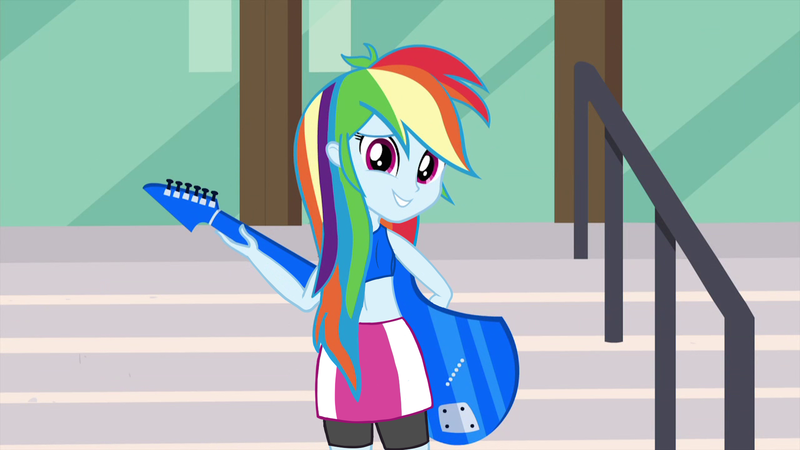 Size: 1920x1080 | Tagged: safe, derpibooru import, edit, edited screencap, screencap, rainbow dash, equestria girls, friendship games, bra, clothes, guitar, looking back, rear view, sheepish grin, shorts, skirt, solo, underwear, underwear edit