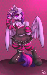 Size: 950x1500 | Tagged: safe, artist:poisindoodles, derpibooru import, twilight sparkle, twilight sparkle (alicorn), alicorn, pony, bipedal, boots, chest fluff, choker, clothes, ear fluff, emo, female, goth, lidded eyes, midriff, pantyhose, skirt, socks, solo, spiked choker, spread wings, stockings, striped socks, tiara