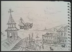 Size: 927x666 | Tagged: safe, artist:agm, derpibooru import, pegasus, pony, city, ocean, panorama, sketch, traditional art