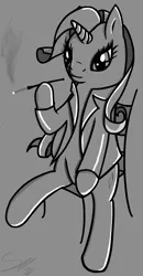 Size: 709x1367 | Tagged: artist:sylviridis, chair, cigarette, cigarette holder, clothes, derpibooru import, grayscale, monochrome, rarity, safe, simple background, sitting, smoking, solo