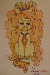 Size: 994x1470 | Tagged: safe, artist:blazingdazzlingdusk, derpibooru import, adagio dazzle, sunset shimmer, cat, pony, equestria girls, catdagio, catified, doll, drawing, kitten, plushie, smirk, species swap, toy, traditional art