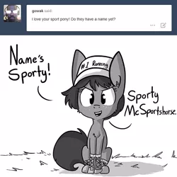 Size: 726x726 | Tagged: safe, artist:tjpones, derpibooru import, oc, oc:sporty mcsportshorse, unofficial characters only, ask, dialogue, grayscale, hat, monochrome, solo, sports, that pony sure does love sports, tumblr