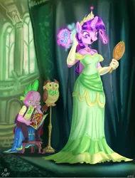 Size: 729x960 | Tagged: safe, artist:jowybean, derpibooru import, owlowiscious, spike, twilight sparkle, twilight sparkle (alicorn), anthro, clothes, comic, dress, magic, mascara, mirror, perfume, reading, telekinesis