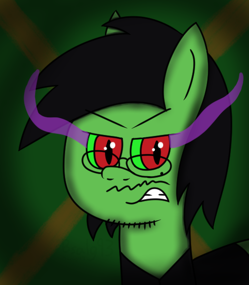 Size: 508x581 | Tagged: safe, artist:b-cacto, derpibooru import, oc, oc:cactus needles, unofficial characters only, angry, beard, darkness, glasses, green eyes, moustache, red eyes, solo