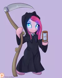 Size: 1200x1500 | Tagged: safe, artist:alasou, deleted from derpibooru, derpibooru import, pinkie pie, pony, fanfic, bipedal, clothes, cosplay, costume, discworld, fanfic art, glowing eyes, grim reaper, hourglass, looking at you, patreon, patreon logo, pinkamena diane pie, robe, scythe, simple background, solo