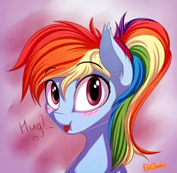 Size: 904x884 | Tagged: safe, artist:elzzombie, derpibooru import, rainbow dash, pony, blushing, cute, dashabetes, female, hug request, looking at you, mare, open mouth, ponytail, solo, tongue out