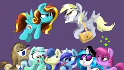 Size: 1920x1080 | Tagged: safe, artist:talonsofwater, derpibooru import, berry punch, berryshine, bon bon, derpy hooves, doctor whooves, lyra heartstrings, minuette, sweetie drops, time turner, vinyl scratch, oc, oc:ilovekimpossiblealot, pony, 3d glasses, hand, headphones, mail, male, stallion, toothbrush